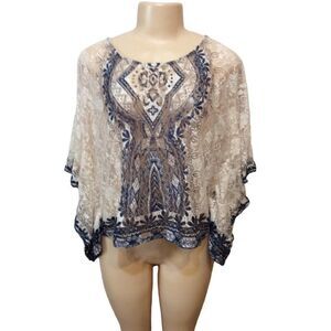 SHARAGONA Poncho  Small White Blue Flowers   Polyester